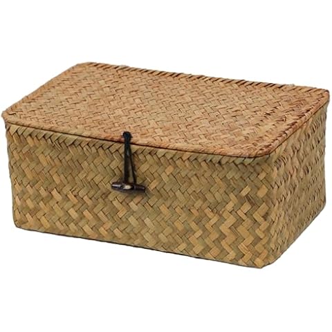 Wicker Basket with Lid, Natural Seagrass Storage Baskets for Organizing, Woven Basket for Storage, Decorative Boxes Bins with Lids Home Organizer Decor (‎Natural, Small) Cover