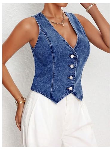 Floerns Women's Sleeveless Denim Vest Asymmetrical Hem Button Down Waistcoat4