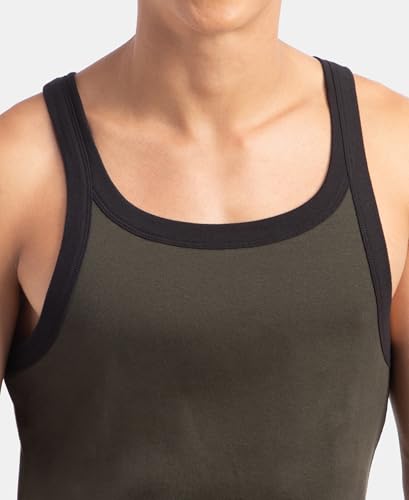 Image of Jockey US27 Men's Super Combed Cotton Rib Square Neck Gym Vest (Shoulder Strap Color May Vary) Olive & Black XL