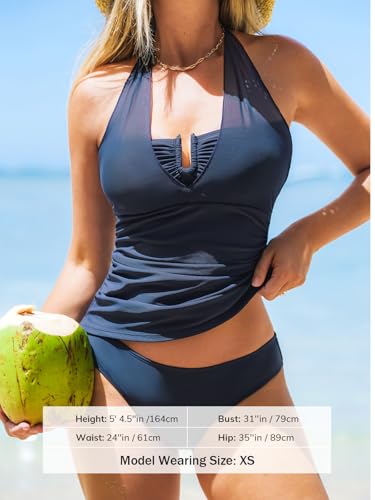 CUPSHE Women's Tankini Sets Two Piece Swimsuit U Wire Mesh Bathing Suit Halter Strap Mid Rise Ruched Swimwear4