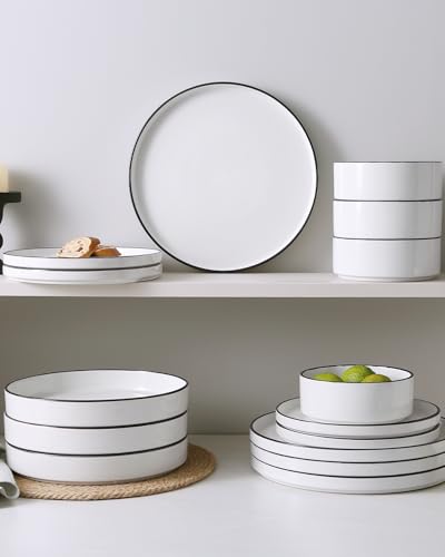 Image of Famiware Nebula Plates and Bowls Set, 24 Pieces Dinnerware Sets, Dishes Set for 8, White with Black Rim