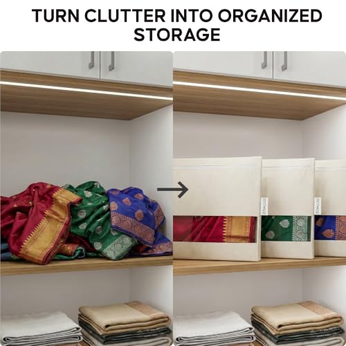 Image of DALUCI Saree Covers for Storage Pack of 12 | Cotton Saree Covers with Zip Transparent Mesh Window | Saree Organiser for Wardrobe | Saree Bags for Storage Big Size 16 x 14 Inch | Beige
