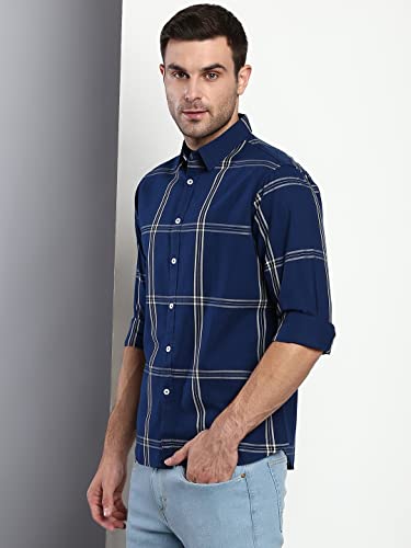 Image of Dennis Lingo Men's Plaid Blue Slim Fit Cotton Casual Shirt with Spread Collar & Full Sleeves