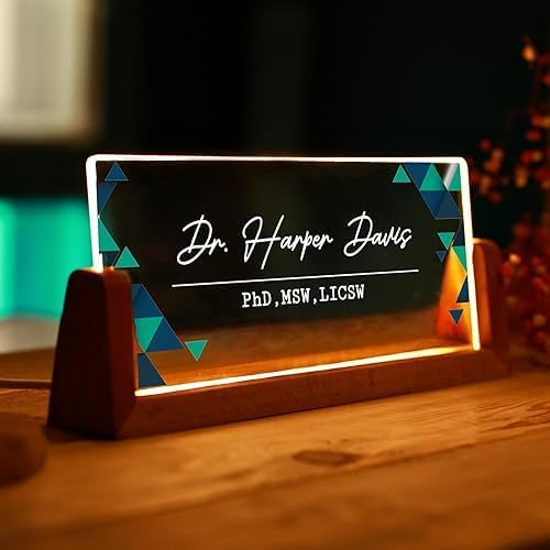 Placa con nombre LED personalizada - Placa con nombre para escritorio con luz, Placa con nombre para escritorio, Placa con nombre de empresa, Placa acrílica grabada con base de madera, Luz nocturna pe