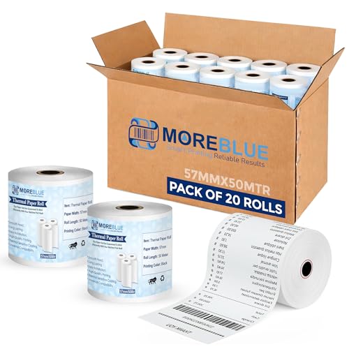 Image of MOREBLUE Thermal Paper /Billing Machine /POS Machine Rolls 2 inch- 57mm(Width) x 50 meter(Length), Ink Free Print for POS, Credit Card Machines, & Petrol Pumps Bill use Pack of 20