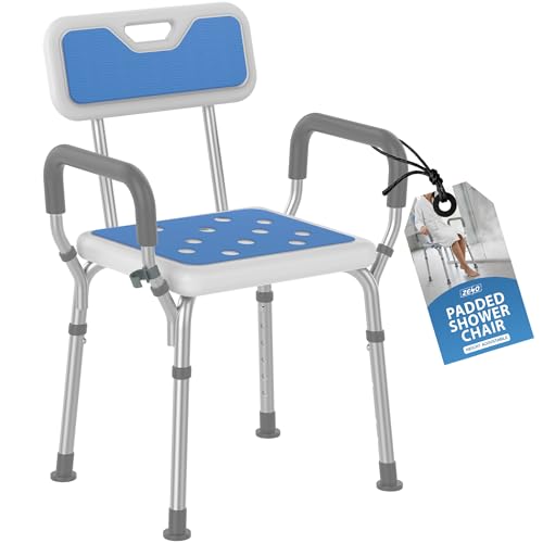 Image of ZENO Shower Chair | Bath Chair for Elderly and Disabled | EVA Padded Shower Stool with Back and Arms, 6 Height Adjustable, 4 Suction Foot Pads | Easy To Assemble | Blue