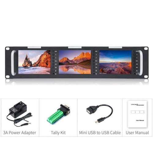 Image of FEELWORLD T51PLUS-H Triple 5.5 inch 2RU 1920x1080 Broadcast LCD Rack Mount Monitor with HDMI, AV Input and Output