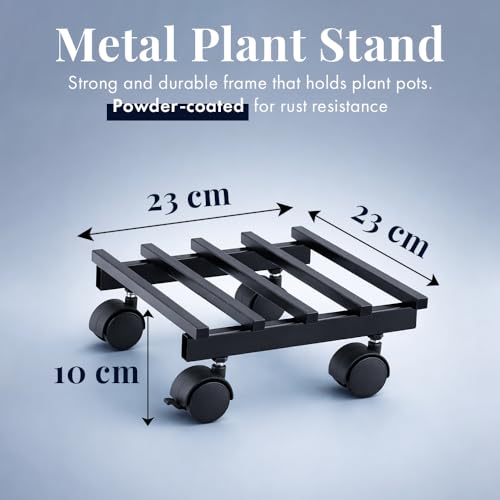 Image of UTKARSH Metal Plant Stand with Wheels - Pack of 2 | Heavy Duty Pot Holder for Home, Balcony & Garden | Square Metal Flower Pot Trolley for Indoor Outdoor Use | Black