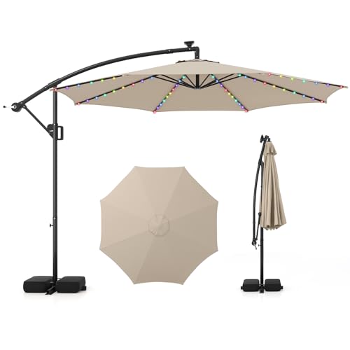 GOPLUS Grand Parasol de Jardin Extérieur avec Pied, Parasol Déporté 3x3M avec LED Coloré, 9...