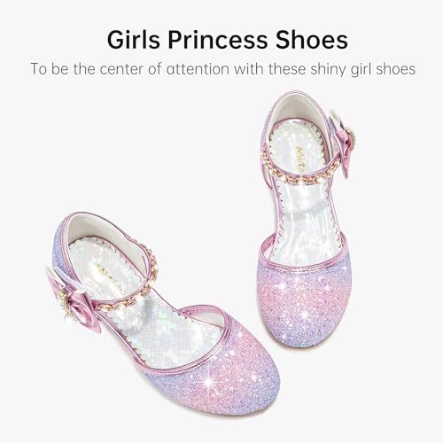 Image of Motasha Sparkly Girls Dress Shoes Kids High Heels Toddler to Big Kid | Glitter Closed Toe, Rhinestone Bow Straps, Hook-and-Loop Closure, Low Heel, Anti-Slip Outsole for Wedding Birthday Parties