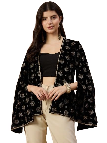 drape and dazzle Women’s Black Velvet Cape | Ethnic Festive Jacket with Bell Sleeves-picture-50