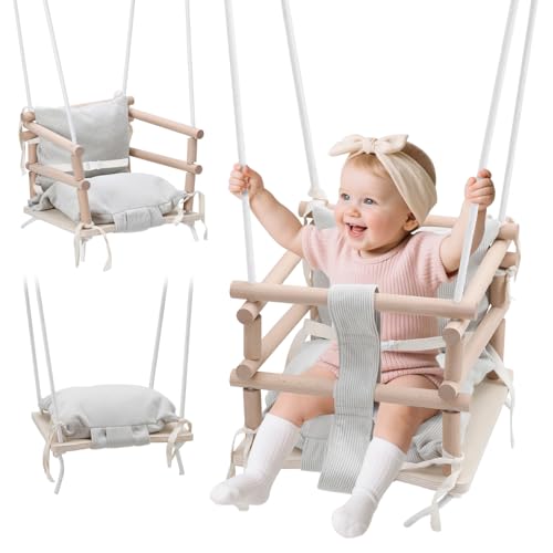 Jaxguom Babyschaukel Indoor & Kinderschaukel Outdoor 3-in-1 aus Holz, Höhenverstellbar (160-260cm) mit Abnehmbarem Kissen, Für Garten, Tragkraft 50kg, Ab 12 Monaten(Hellbeige)