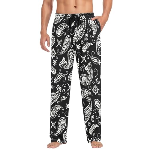 ALAZA Ornament Paisley Bandana Print Black Men's Pajama Pants Men Cotton Pajama Bottoms with Pockets, S