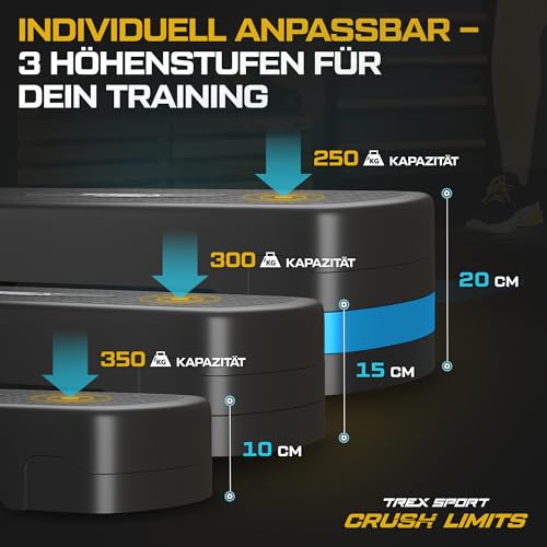 TREX SPORT Steppbrett für zuhause höhenverstellbar TX-030AS | 68×28×10/15/20cm Aerobic Stepper 3 Stufen, rutschfest, bis 350kg belastbar | Stepboard Blau