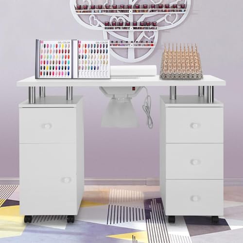 Drmilito Mesa de Manicura para Uñas con Aspirador,8 Ruedas,3 Bolsas para Polvo, Reposamuñecas, 6 Cajones,Mesa Profesional para Artistas, tatuadores, Estudios y estética (Extra Grande Blanco)