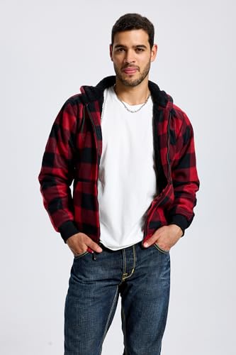 Image of TanBridge Plaid Flannel Hoodie Sherpa Fleece Lined Shirt Jacket Cotton Hoodies Zip Up Winter Warm Coat