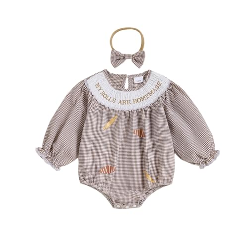Infant Baby Girls Thanksgiving Romper Letter Plaid Bread Candy Long Sleeves Bubble Jumpsuit Headband