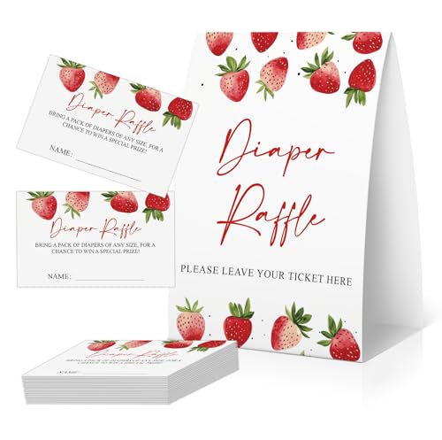 Baby Shower Games, Strawberry Diaper Raffle Sign with 50 Tickets, Diaper Raffle Cards for Baby Shower, Babyshower Invitation, Berry Sweet Babyshower Decorations -DPRF01