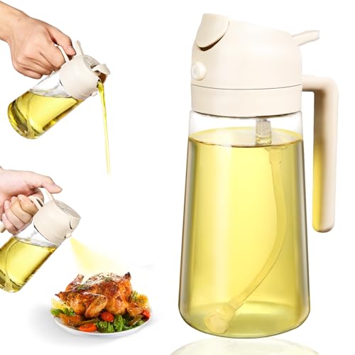 Oil Dispenser Bottle 470ml/16oz, 2 In 1 Oil Dispenser and Oil Sprayer, Food Grade Spray Bottle for Kitchen Cooking, Oil Dispenser for BBQ, Salad, Baking Steak, Air Fryer, Beige