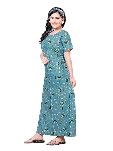 Image of PNAEONG Women's Printed Cotton Nighty, Gown Maxi - Free Size Blue