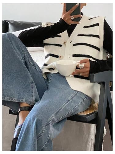 SHENHE Women's Striped Sweater Vest Sleeveless Button Up Dressy Casual Knit Vest Cardigan4