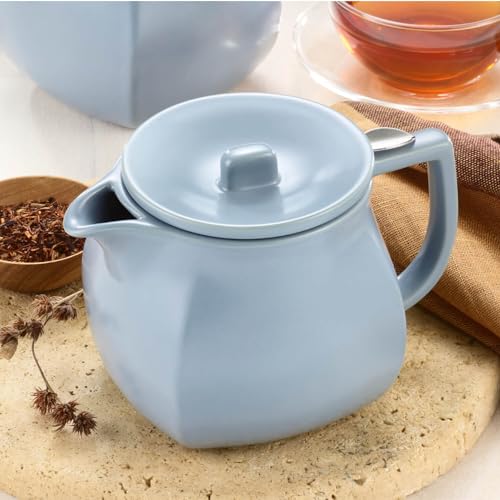 Image of Tea Forte Ceramic Teapot with Infuser, Stone Blue, 24 oz | Light Blue Ceramic Teapot & Lid - Stainless Steel Loose Leaf Tea Infuser - Microwave & Dishwasher Safe