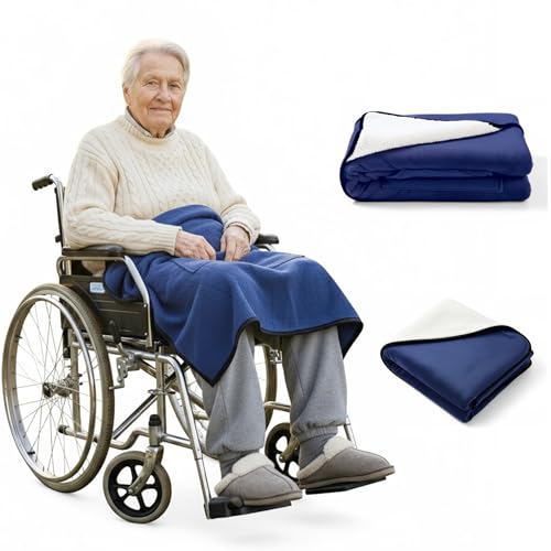 IHEALTHCOMFORT Wheelchair Lap Blanket for Seniors 43 * 28 Soft Sherpa Lined Knee & Lap Cover Warm Lightweight Throw with Snap Buttons Cozy Comfort for Elderly & Caregivers Navy Blue