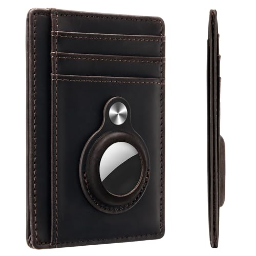 Image of Hawanik Genuine Leather Slim Minimalist Wallet Front Pocket Wallet with Built-in Holder for AirTag