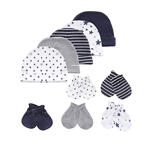 Image of MAMIMAKA Baby Hat and Mittens Set Newborn Baby Hats Caps for Baby Boys Girls 0-6 Months 100% Cotton