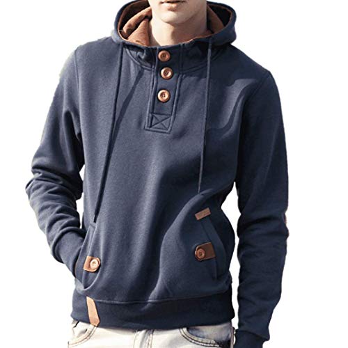 Fastbot Mens Hoodie Hooded Sweatshirt Solid Color Button Henley Pullover Tops Coat Jacket Cotton Outwear Darkblue