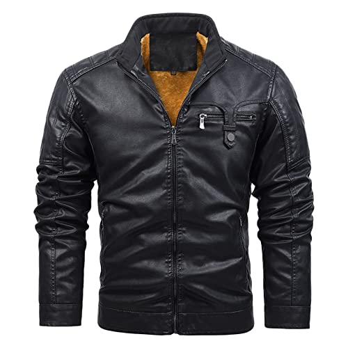 Maiyifu-GJ Men Vintage Stand Collar Leather Jacket Faux Leather Fleece Lined Motorcycle Jacket Lightweight PU Zip Up Outwear (Black 2,X-Large)