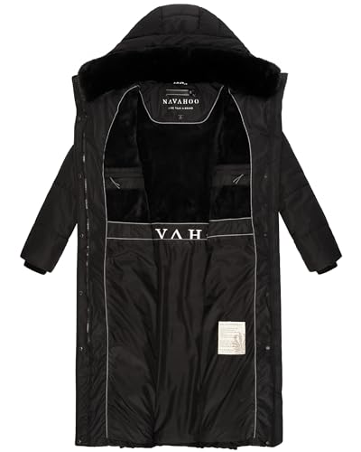 Navahoo Damen Wintermantel warmer Steppmantel extralang mit abnehmbarer Kapuze Hingucker XIV Black Gr. L