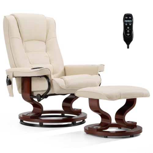 AVAWING Reclining Chair with Vibration Massage Faux Leather Recliner with Ottoman Swivel Wood Recliner Chairs for Living Room, Beige