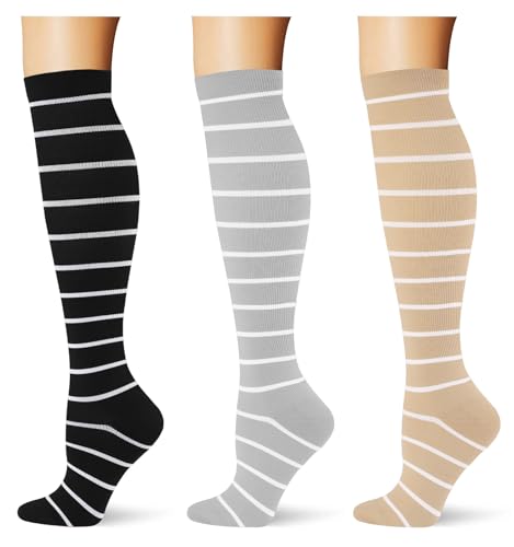 Image of (3 pairs) Compression Socks 20-30 mmHg Long Knee High Socks for Women Men Support Athletic Travel Daily Wear