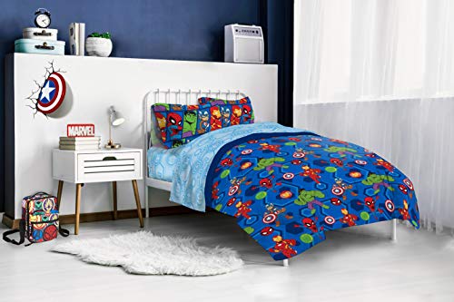 Image of Marvel Avengers Full Size Comforter Set 5 Piece Kids Bedding for Boys, Blue | Spiderman Superhero, Comforter Sheets Pillowcases, Official Product, Soft Microfiber, Machine Washable, Easy Care, Boys Gift