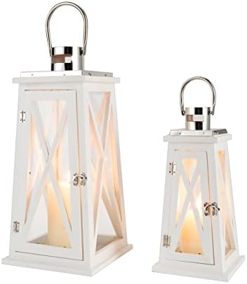 TRIROCKS Set of 2 Farmhouse Wooden Lanterns 55cm & 40cm Tall Metal Decorative Candle Holders with Tempered Glass Rustic Hanging Lantern for Patio Garden Wedding Parties Indoor Outdoor(Trapezoid)