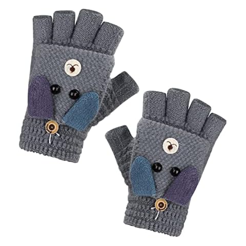 Boys Girls Winter Warm Fingerless Flip Top Gloves Knitted Half Finger Gloves Mittens Kids Convertible Flap Cover Thick Fleece Lined Cartoon Gloves for Running Outdoor Sport Mittens Cover