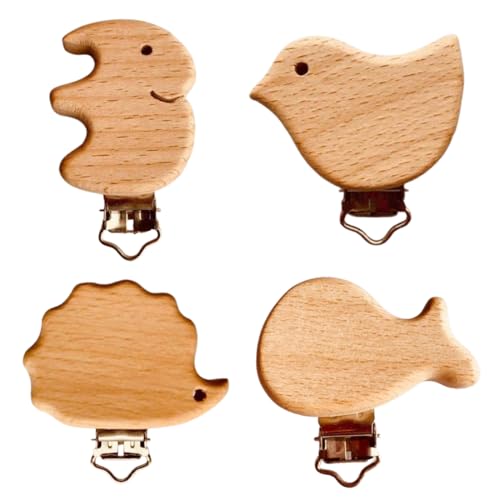 OUDQFCJ 4 Pcs Clips de Madera para Chupete con Animales, Sujetador de Chupetes para Bebé, Clips de Metal y Madera Natural, Accesorios para Recién Nacidos