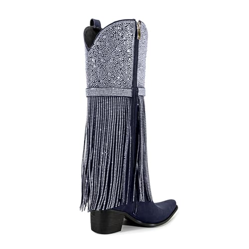 Women's Rhinestone Fringe Cowboy Boots Western Square Toe Low Block Heel Mid Calf Boots Sparkly Bling Cowgirl Boots for Party Festival Night Out Dancing4
