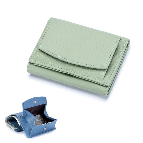 POOULR Small Wallet Women Genuine Leather RFID Blocking Card Holder Organizer Pocket Mini Wallet, Compact Wallet Folding Mini Purse (Light Green)