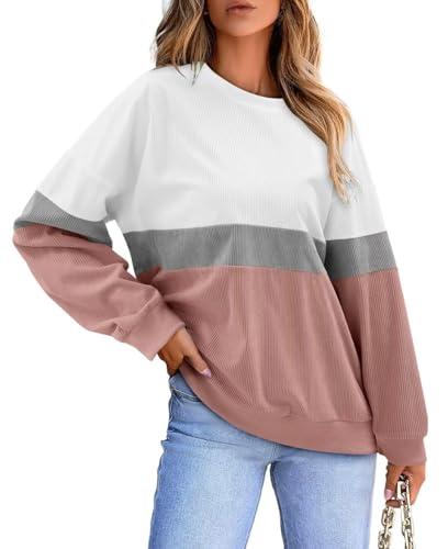 KISSMODA Womens Casual Long Sleeve Sweatshirts Color Block/Solid Tops Corduroy Crewneck Tunic Pullover with Pockets