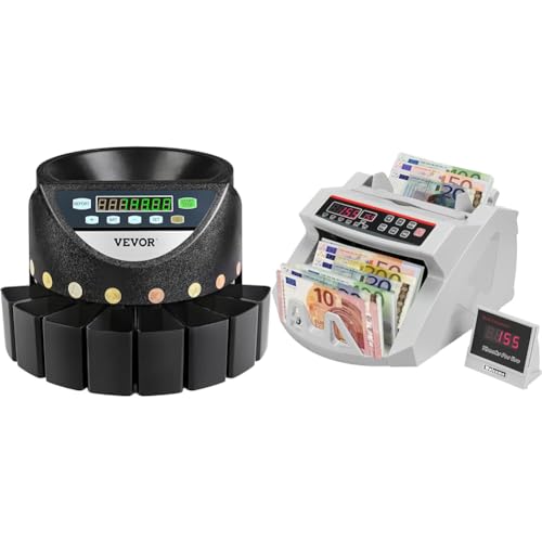 VEVOR Compteuse de Pièces 220 V, Petite Trieuse de Pièces de Monnaie 300 pièces par Minute & Compteuse de Billets Professionnelle Euro, Détecteur de Faux Billets par...