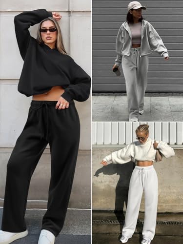 ATHMILE Women’s Fleece Lined Sweatpants Baggy Wide Straight Leg Pants Gym Sweat Pants Fall Winter Clothes Gray Green
