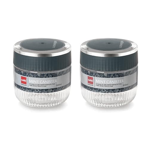 Image of CELLO Mint Storage Canister For Kitchen Set of 2, (500 ml x 2), Grey | Food Grade, Stackable, See Through | Nestable Storage Pet Container with Lid for Food, Pulses, Spice, Cereals, Cookies, Dry Food
