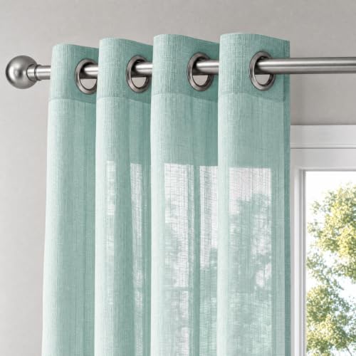 Image of HOKIPO Breeze Sheer Curtain 7 Feet Long 1 Panel, Linen Look, Aqua Green
