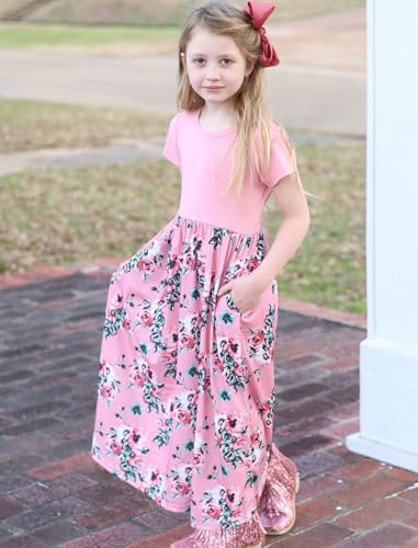 Image of Arshiner Girls Maxi Dress Long /Short Sleeve Casual Holiday Dress with Pockets for 5-13 Years