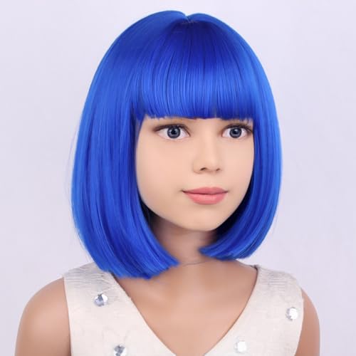Image of PATTNIUM Kids Blue Wig Child Blue Bob Wig Short Blue Wig for Girls Colored Wigs Dark Blue Bob Wig Cosplay Party Synthetic Rose Net Daily Wear Wig(Dark Blue)