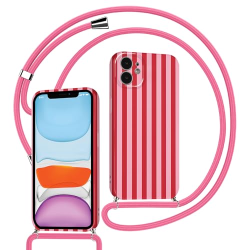 Kueqeay Handyband für iPhone 11 6 1 Hülle mit Band Kette Aesthetic Rosarot Gestreift Striped Motiv Verstellbarer Halskette Handyhülle mit Kordel zum umhängen Silikon Stoßfest Schutzhülle 01