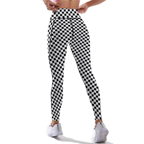 DROEYROEST Black White Checkered Flag Tummy Control Yoga Pants for Women with Pockets, High Waist Running Sports Workout Yoga Leggings M