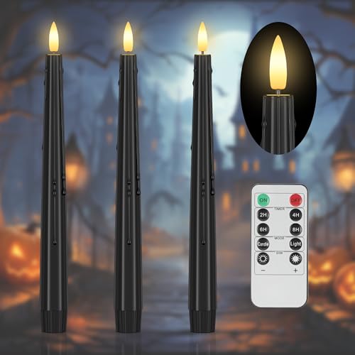 Image of SHENSY 3 Pack Halloween Black Flameless Taper Candles -Drip Real Wax Battery Operated LED Candlesticks with 3D Flickering Flame, Remote & Timer - Haunted Decor for Spooky Tables & Windows